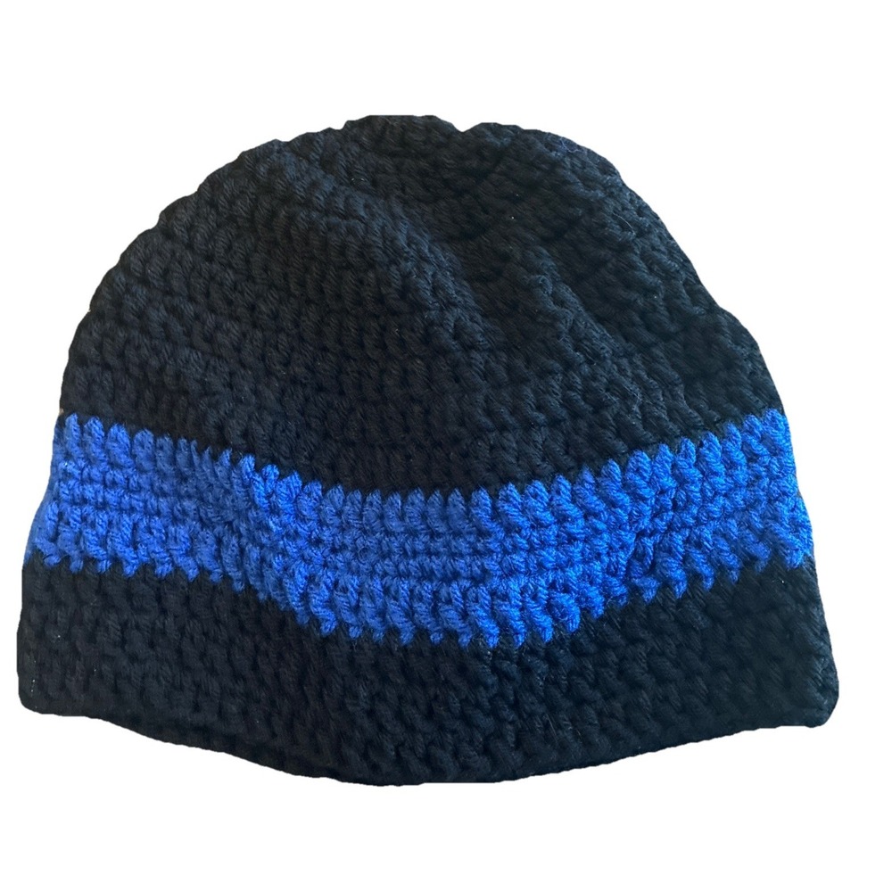 Beanie Hat Unisex One Size Black Blue Stripe Crochet Handmade NEW